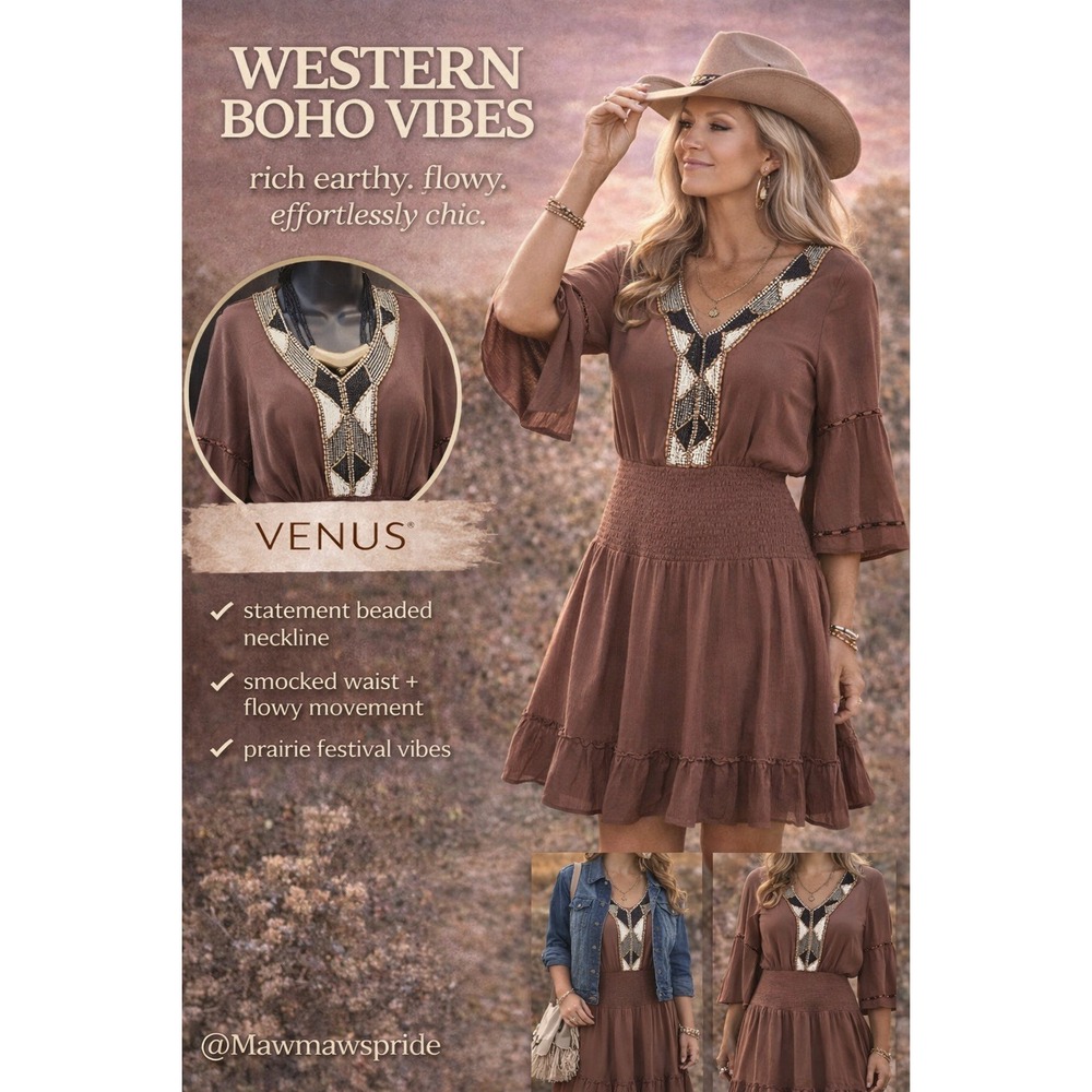 Venus Brown Boho Beaded V-Neck Smocked Waist Ruffle Hem Mini Dress Womens Small - Picture 15 of 15